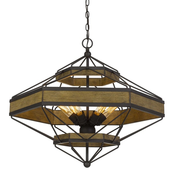 6 Bulb Chandelier With Hexagonal Metal And Wooden Frame, Brown And Bronze - BM225626