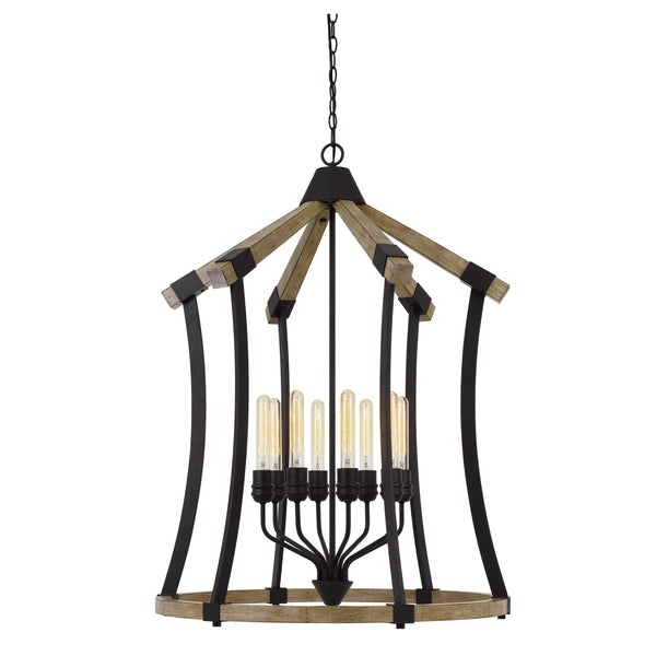 8 Bulb Chandelier With Wooden And Metal Frame, Brown And Black - BM225629