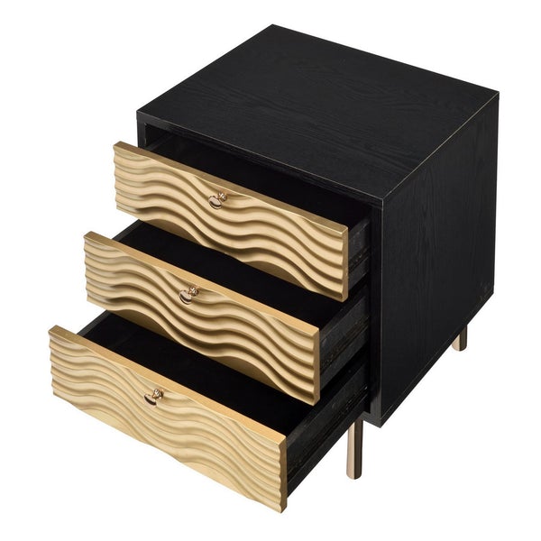 3 Drawer Nightstand With Waved Recessed Fronts, Black And Gold