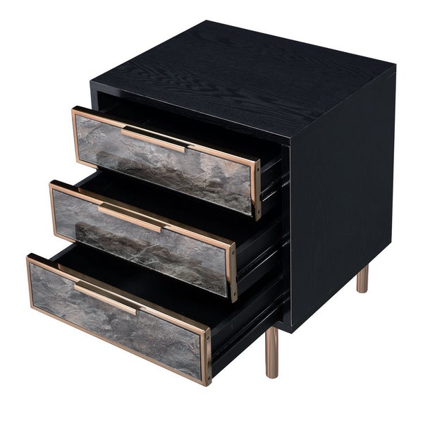 3 Drawer Faux Marble Front Nightstand With Metal Legs, Black And Gold