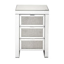 3 Drawer Beveled Mirrored Nightstand With Faux Diamond Inlay, Silver