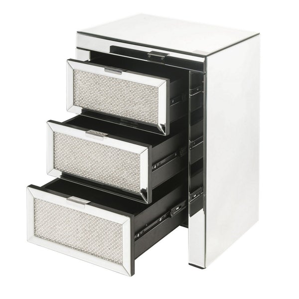 3 Drawer Mirrored Nightstand With Faux Diamond Inlay, Silver