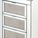 3 Drawer Beveled Mirrored Nightstand With Faux Diamond Inlay, Silver