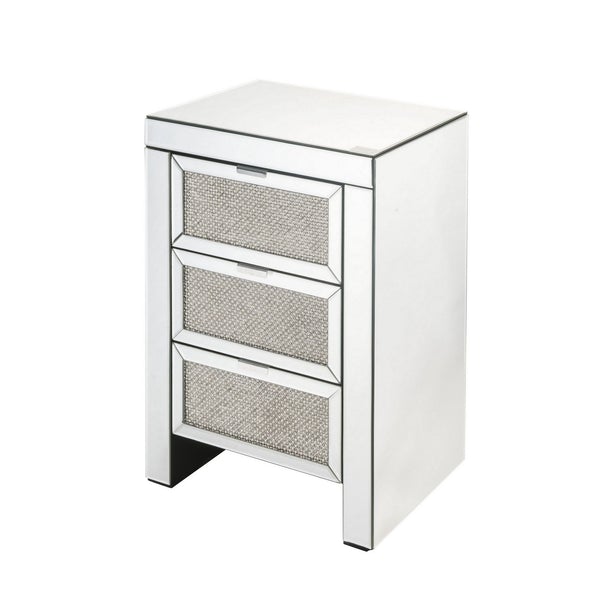 3 Drawer Beveled Mirrored Nightstand With Faux Diamond Inlay, Silver