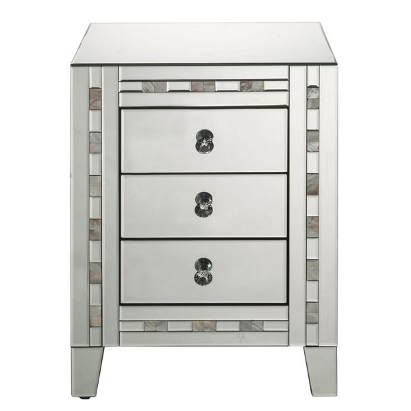 3 Drawer Beveled Mirrored Nightstand With Pearl Inlay, Silver