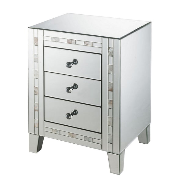 3 Drawer Beveled Mirrored Nightstand With Pearl Inlay, Silver