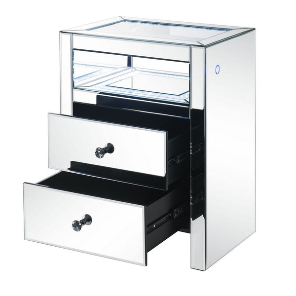 2 Drawer Beveled Mirrored Nightstand With Glass Top And LED, Silver