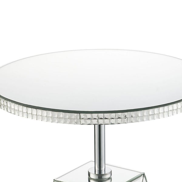 Round Mirrored Accent Table With Pedestal Base And Glass Top, Silver