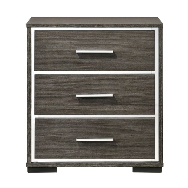 3 Drawer Wooden Nightstand With Mirror Trim Accents, Gray