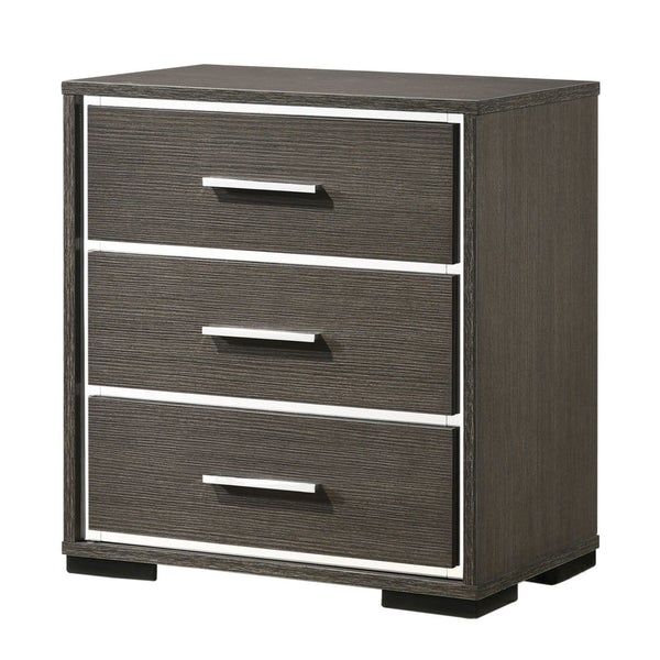 3 Drawer Wooden Nightstand With Mirror Trim Accents, Gray