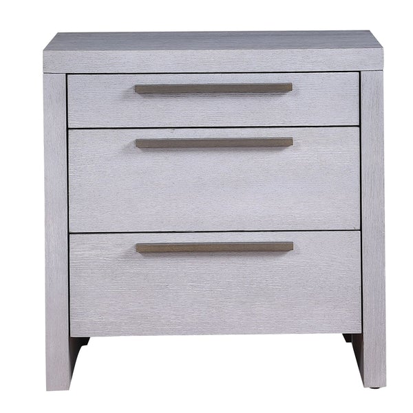 3 Drawer Wooden Nightstand With Oversized Metal Bar Pulls, Antique White