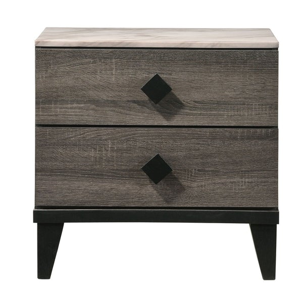 2 Drawer Wooden Nightstand With Diamond Metal Knobs, Gray And Black
