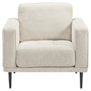 Fabric Chair With Track Style Arms And Sleek Metal Legs, Light Gray