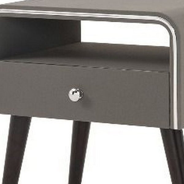 Curved Edge 1 Drawer Nightstand With Chrome Trim, Gray And Black