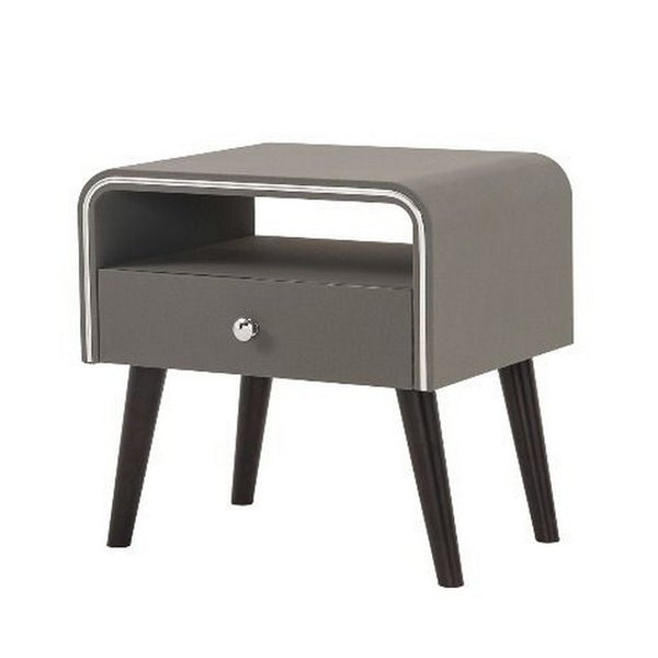 Curved Edge 1 Drawer Nightstand With Chrome Trim, Gray And Black