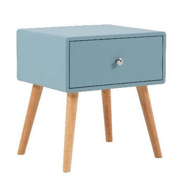 1 Drawer Wooden Nightstand With Round Tapered Legs, Blue And Brown