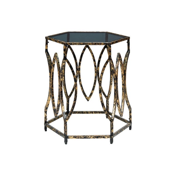 Glass Top Accent Table With Open Metal Petal Pattern Base, Gold And Black