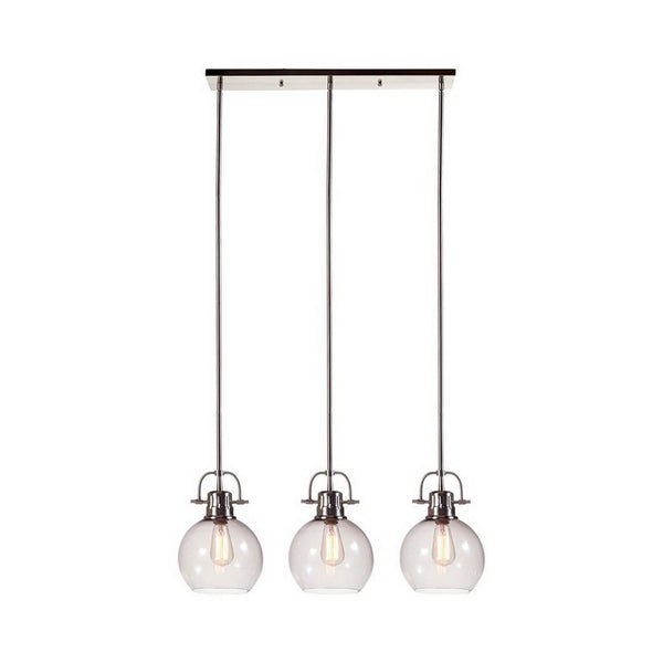 3 Glass Shade Pendant Light With Rectangular Rod Support, Clear And Silver - BM227178