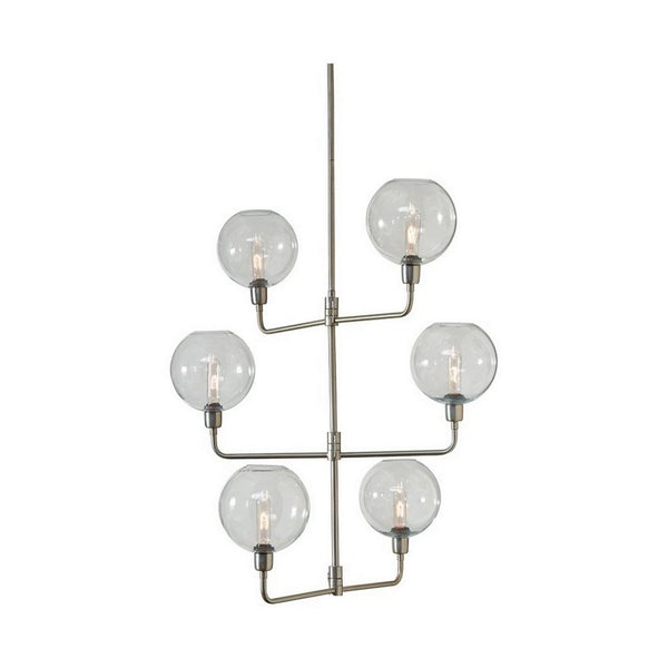 6 Glass Shade Pendant Lamp With Metal Tubular Rods, Clear And Silver - BM227183
