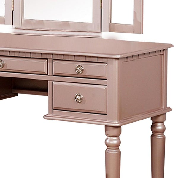Vanity Set With Turned Tapered Legs And Three Piece Mirror, Rose Gold