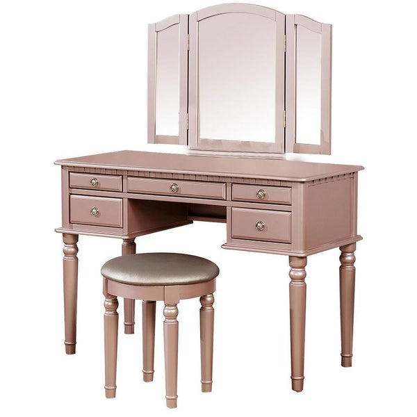 Vanity Set With Turned Tapered Legs And Three Piece Mirror, Rose Gold