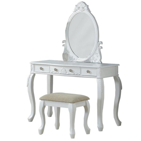 Vanity Set With Curved Legs And Three Drawers, White