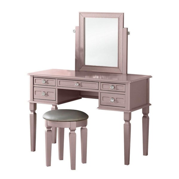Vanity Set With Tapered Legs And Five Drawers, Rose Gold