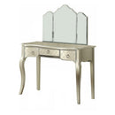 3 Drawer Wooden Carved Vanity Set With Curved Legs, Silver