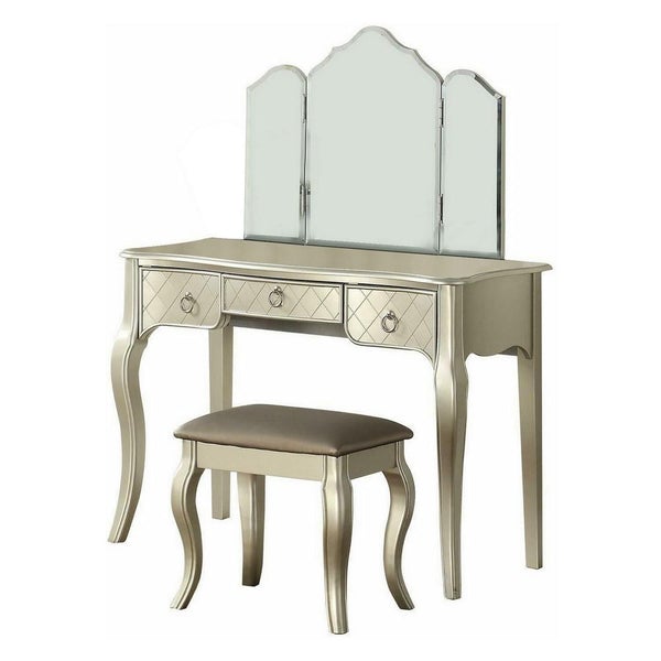 3 Drawer Wooden Carved Vanity Set With Curved Legs, Silver