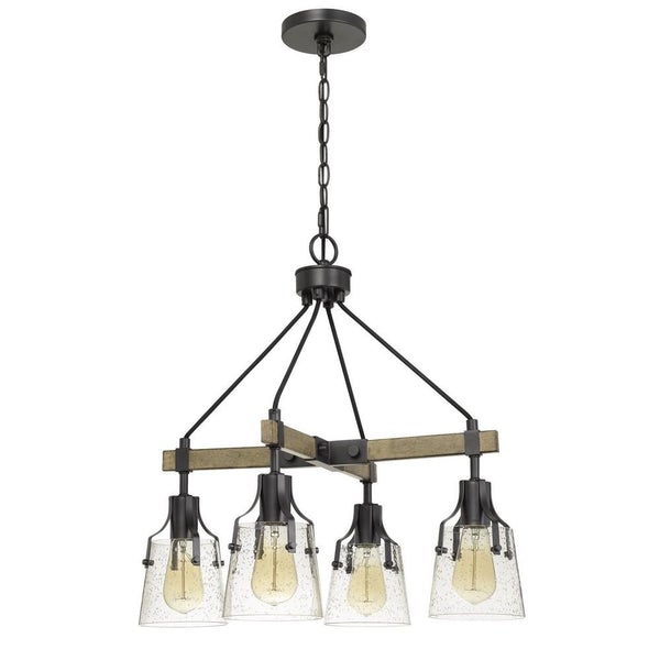 Metal Chandelier With Wooden Crossbar Support, Black And Brown - BM233251