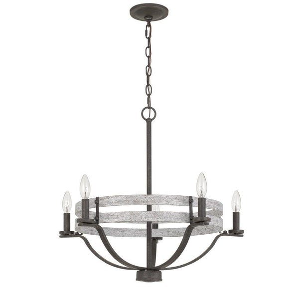 Metal Chandelier With Wooden Round Frame Support, Black And Gray - BM233253
