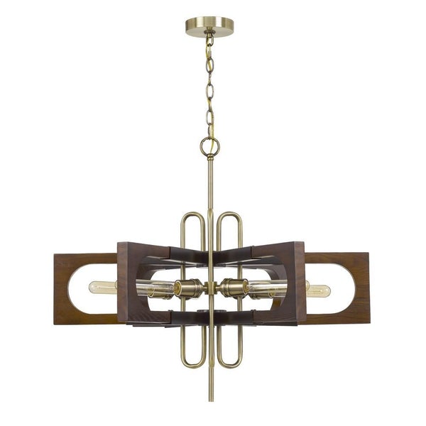 Fan Blade Design Wooden Chandelier With Metal Frame, Gold And Brown - BM233259