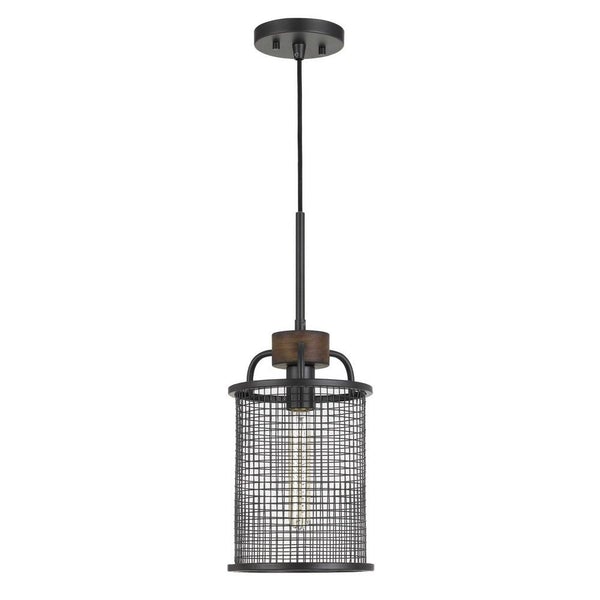 Cylindrical Grid Design Metal Chandelier With Wooden Accent, Black - BM233266