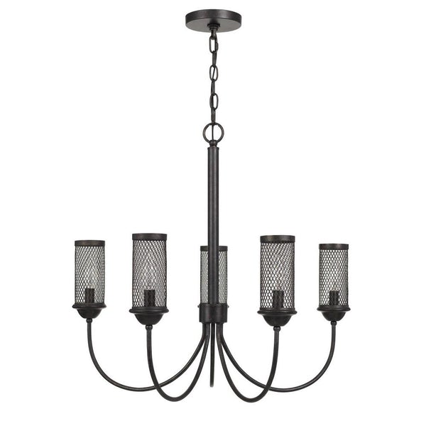 Metal Chandelier With 5 Cylindrical Wire Mesh Shades, Black - BM233272