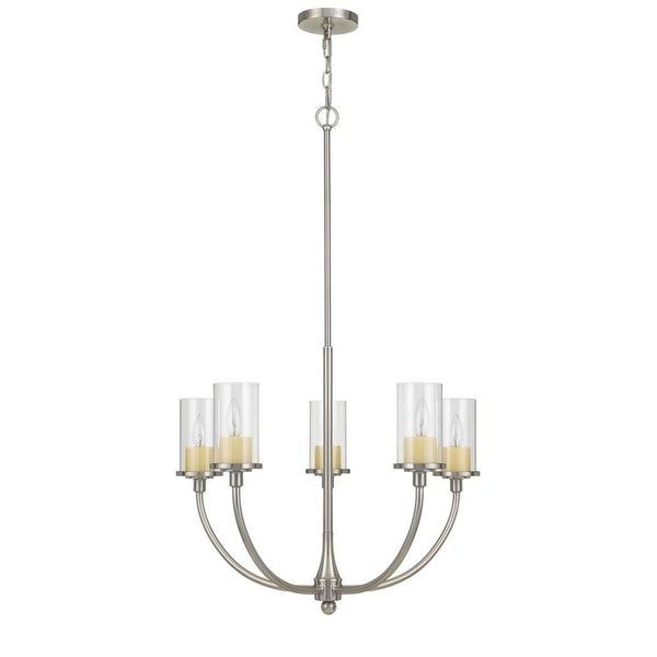 Metal Chandelier With 5 Cylindrical Glass Shades, Silver - BM233273