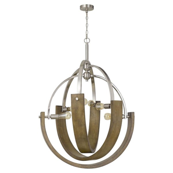 6 Bulb Metal And Wooden Chandelier, Silver And Brown - BM233294
