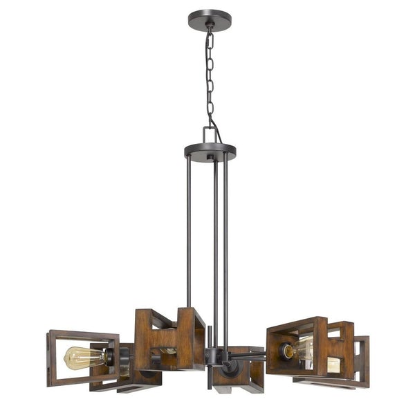 6 Bulb Chandelier With H Shaped Wooden Shades, Brown - BM233297