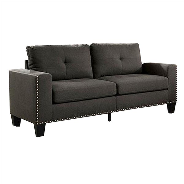Fabric Upholstered Sofa With Track Arms And Nailhead Trim, Dark Gray