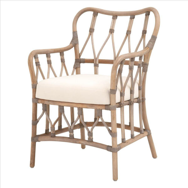 Lattice Design Wooden Arm Chair With Rattan Binding, Brown