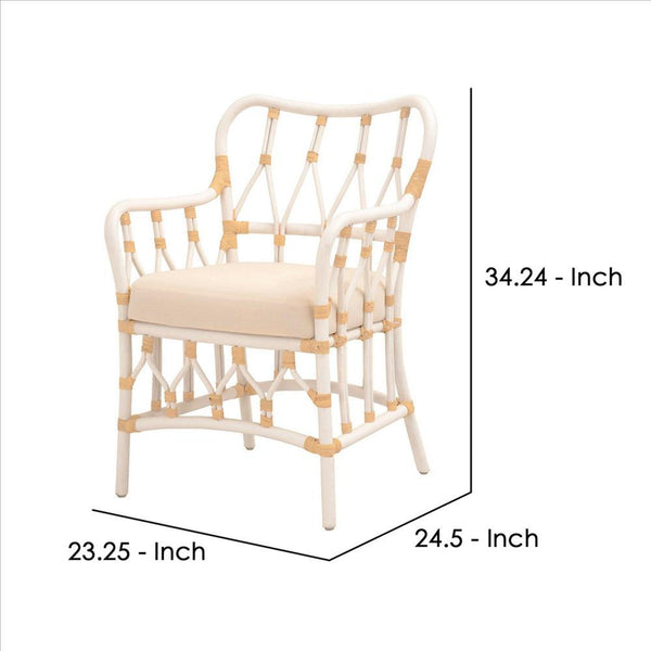 Lattice Design Wooden Arm Chair With Rattan Binding, White
