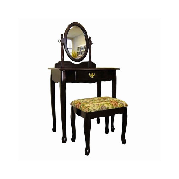 Wooden Vanity Set With Fabric Upholstered Seat,Cherry Brown And Yellow