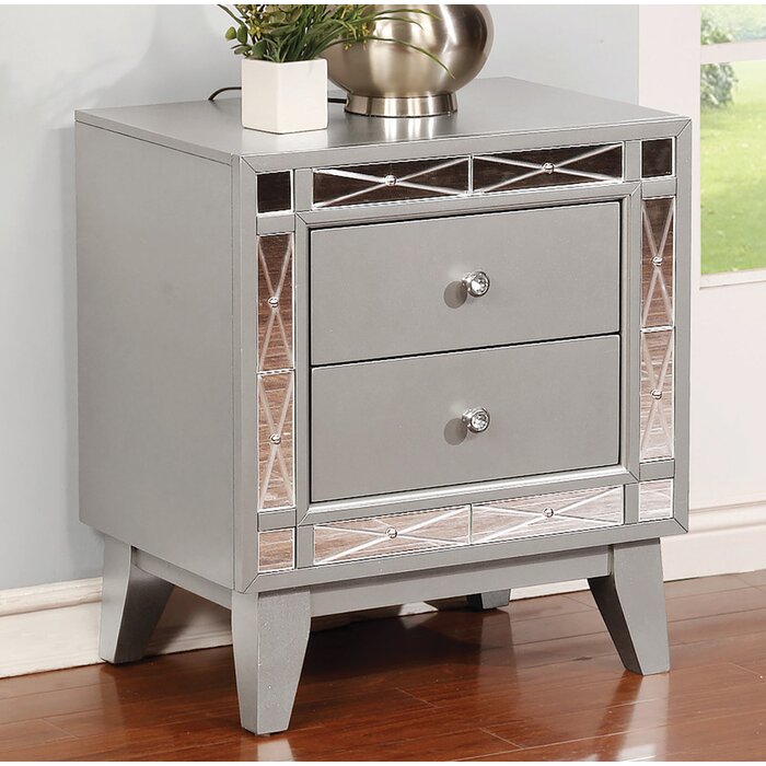 Wooden Nightstand With 2 Drawers, Mercury Silver