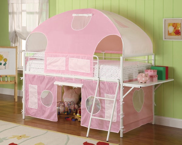 Benzara- Metal Frame Fairy Tent Bunk Bed With Fabric , White & Pink