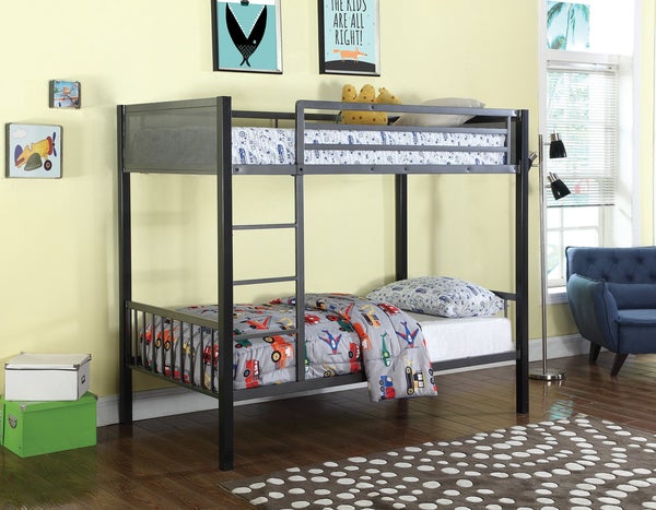 Metal Twin-Over-Twin Bunk Bed With Built-In Ladder, Gunmetal Gray & Black