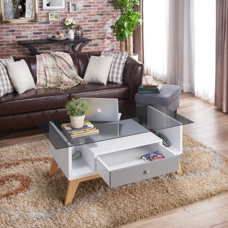 Philip Industrial Glass Top Coffee Table in Gray