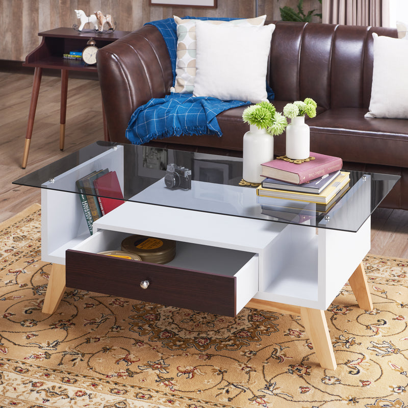 Philip Industrial Glass Top Coffee Table in Espresso