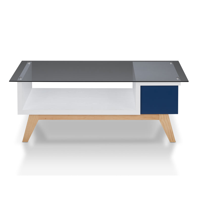 Ludwig Mid-Century Modern Glass Top Coffee Table in Navy and White