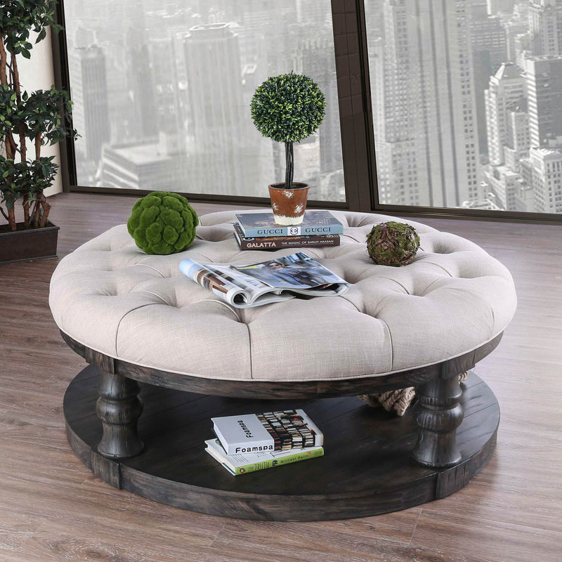 Cintra Rustic Tufted Cushion Top Coffee Table in Antique Gray