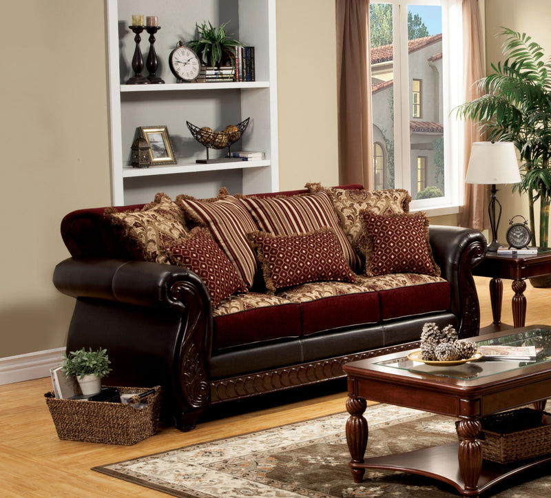 Drala Traditional Faux Leather Sofa in Burgundy