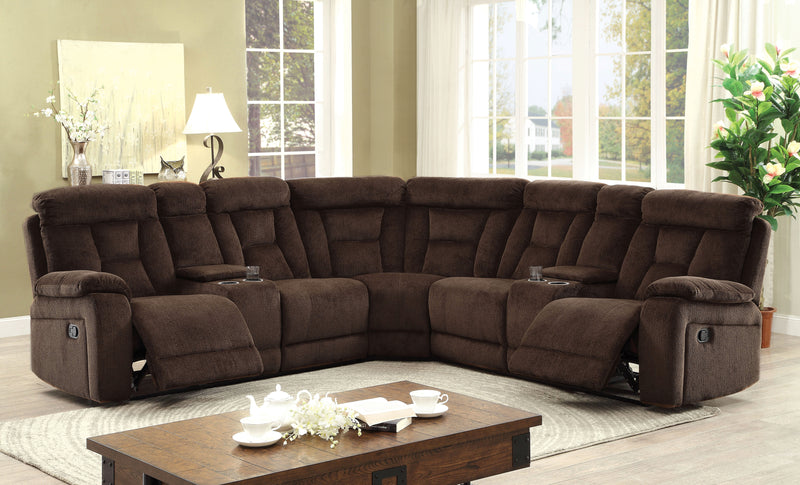 Bronson Transitional Chenille Fabric Reclining Sectional with Cup Holders in Brown